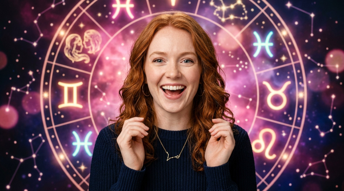 Femme souriante sous un ciel étoilé mystique symbolisant l'horoscope du 27 août 2026