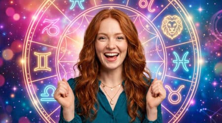 Femme souriante sous un ciel étoilé mystique symbolisant l'horoscope du jour
