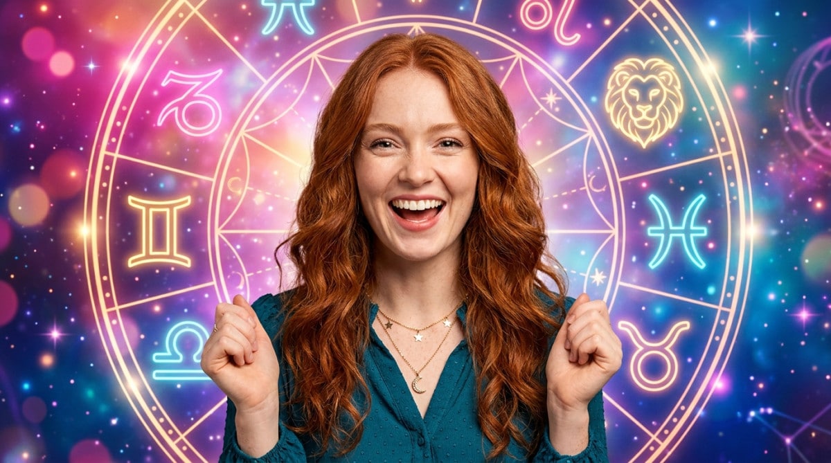 Femme souriante sous un ciel étoilé mystique symbolisant l'horoscope du jour