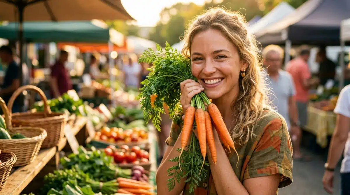 Femme souriante tenant des carottes fraîches au marché