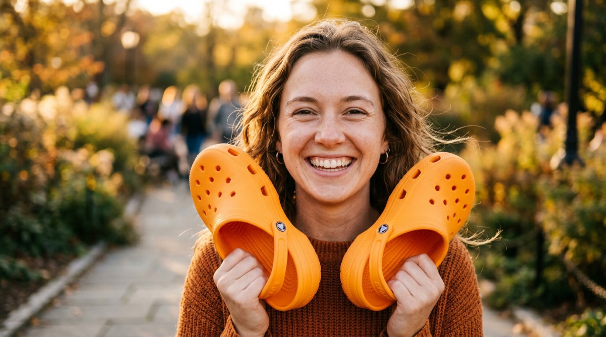 Femme souriante tenant des Crocs oranges