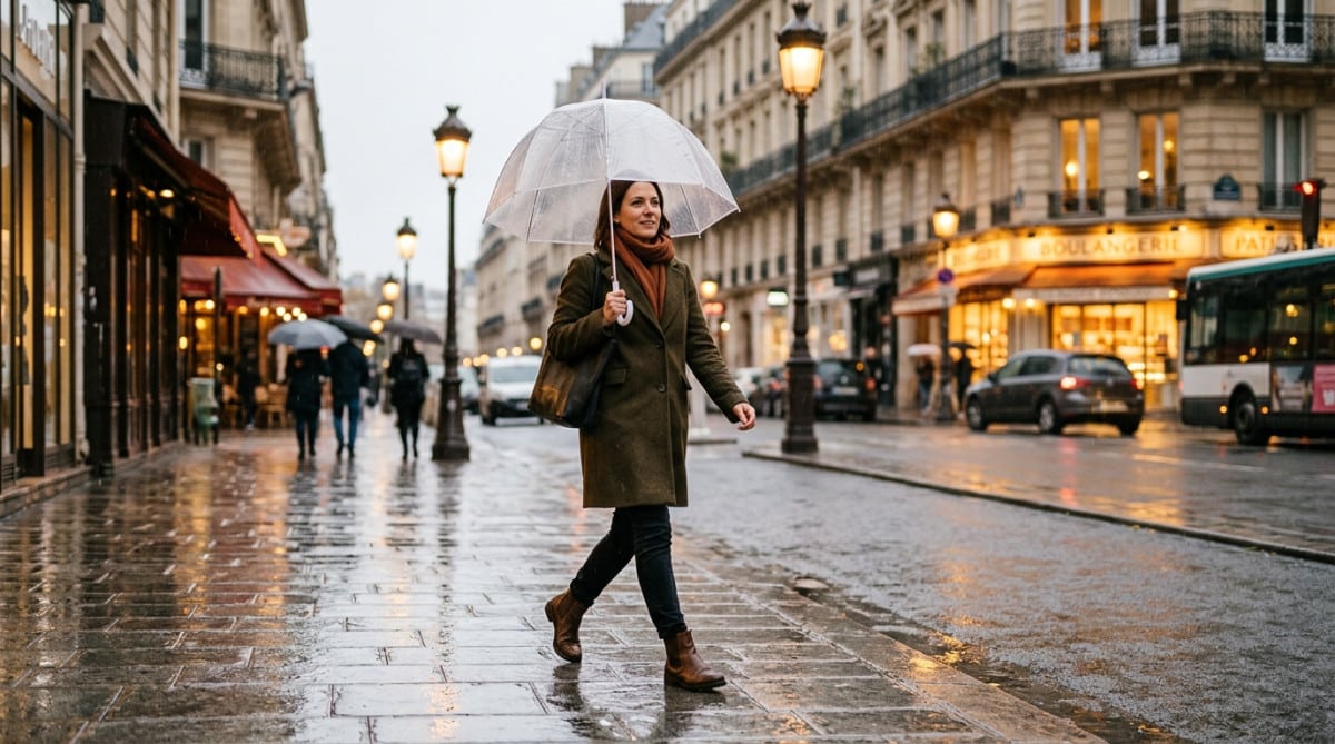 Femme sous la pluie avec parapluie à Paris