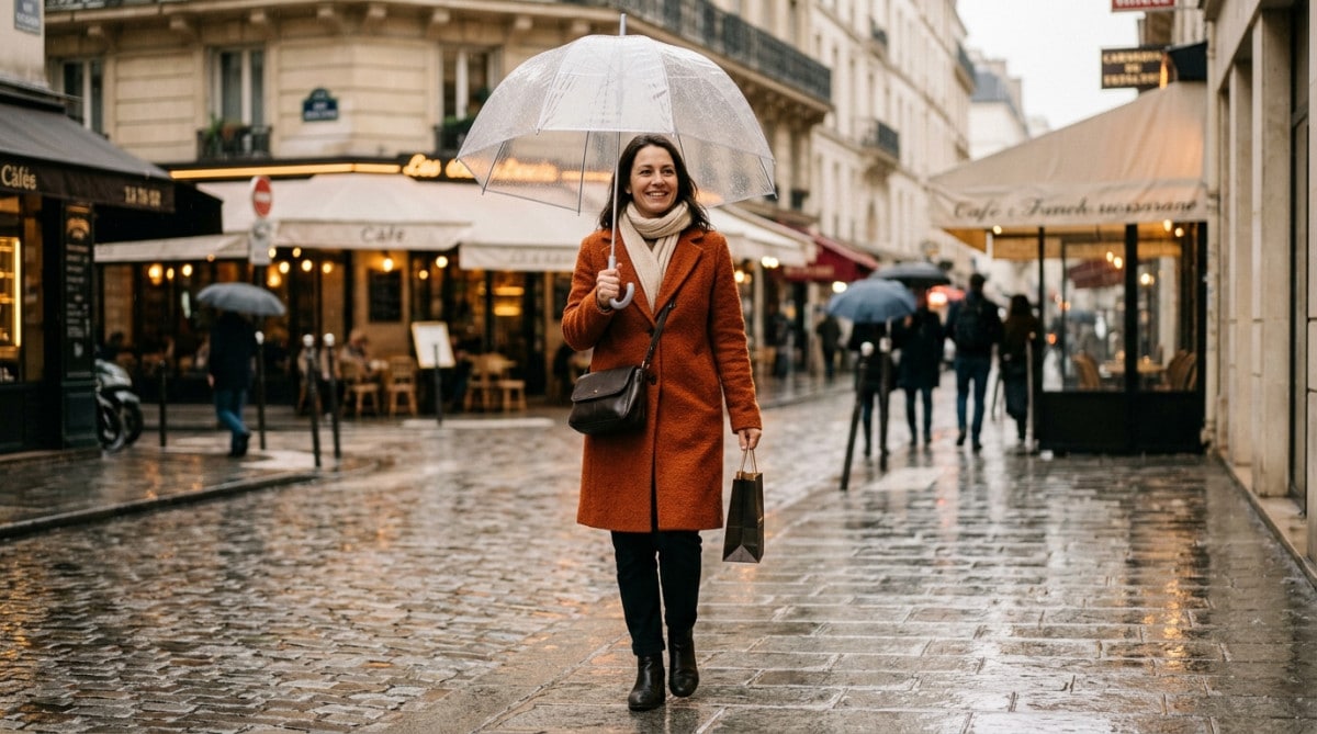 Femme sous la pluie avec parapluie à Paris