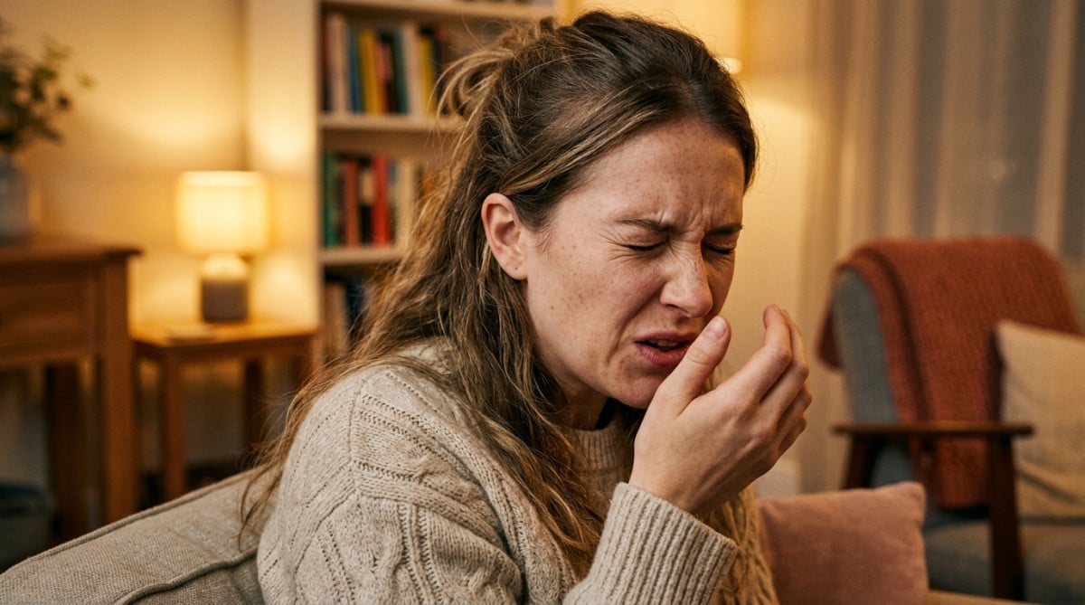 Femme sur le point d'éternuer, réflexe nasal déclenché