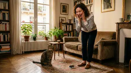 Femme surprise découvrant un cadeau de son chat au sol
