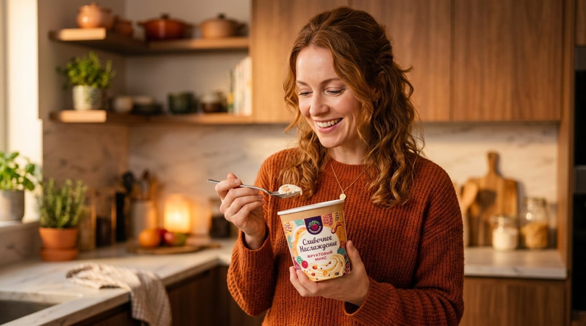 Femme surprise en dégustant une glace Häagen-Dazs chez elle