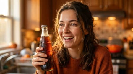 Femme surprise tenant une bouteille de soda fraîche