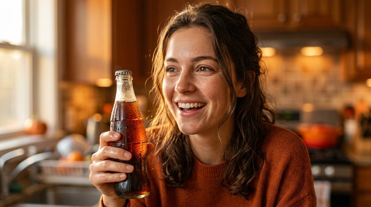 Femme surprise tenant une bouteille de soda fraîche