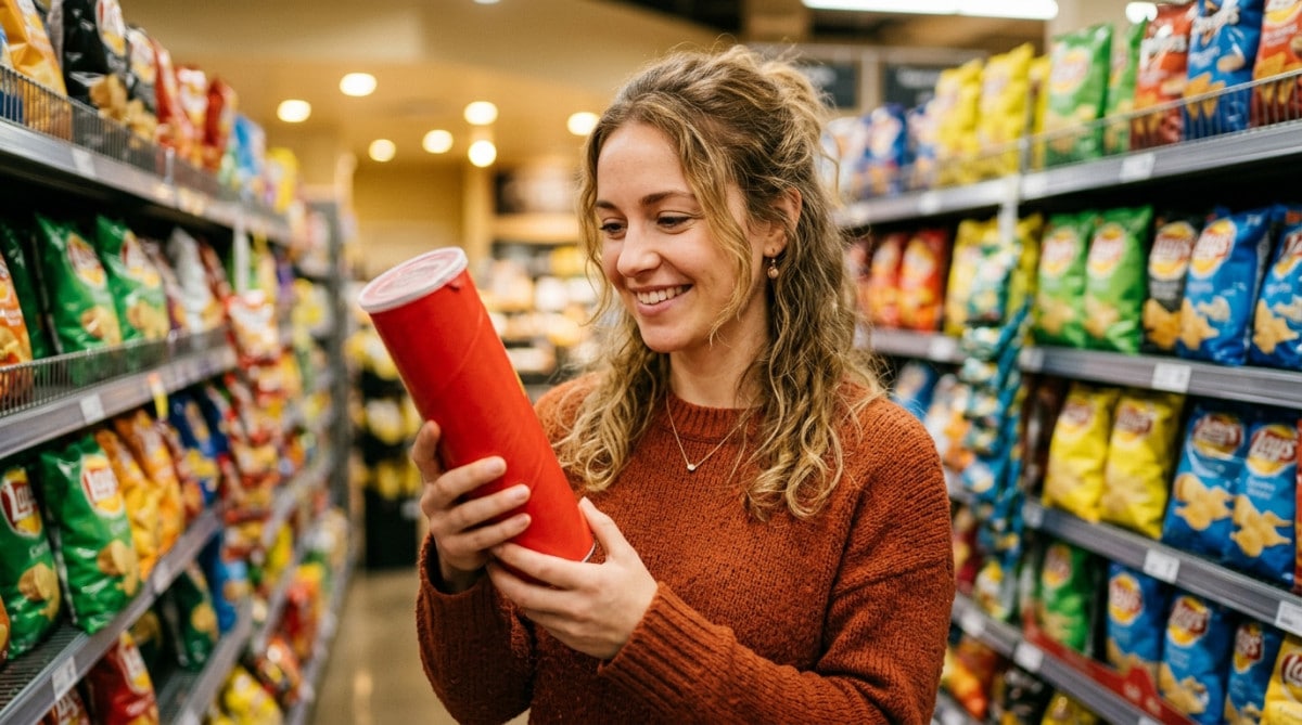 Femme tenant un tube de chips au supermarché