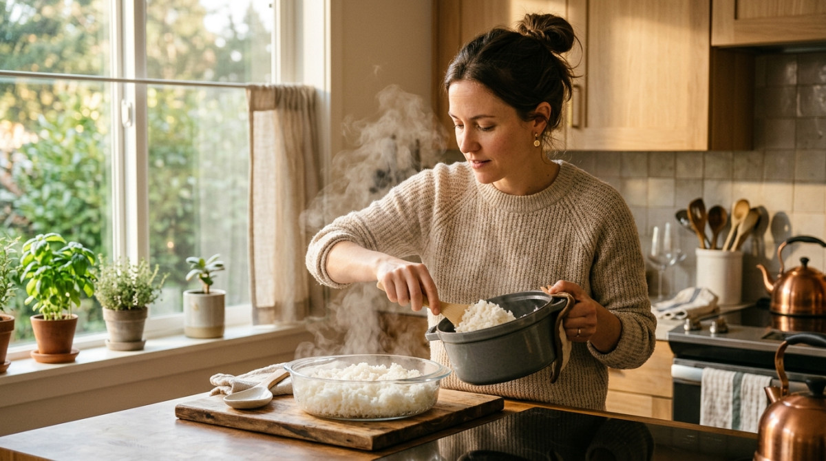 Femme transvasant du riz chaud dans une boîte plate