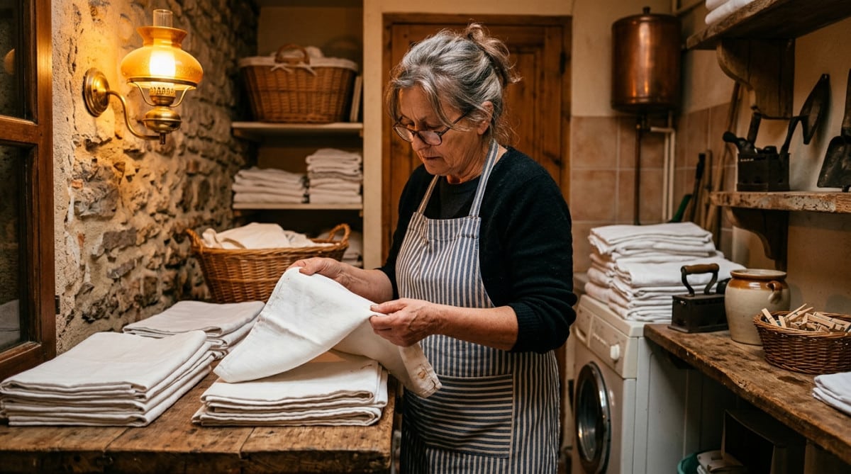 Femme vérifiant des nappes blanches dans une blanchisserie de restaurant