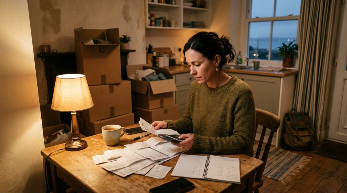 Femme vérifiant ses factures dans son appartement