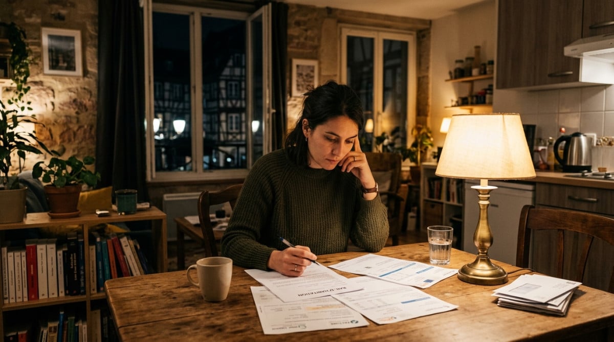 Femme vérifiant ses factures et son bail à la table de cuisine