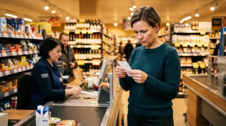 Femme vérifiant son ticket de caisse au supermarché