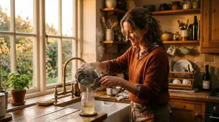 Femme versant l'eau de cuisson des légumes dans un bocal