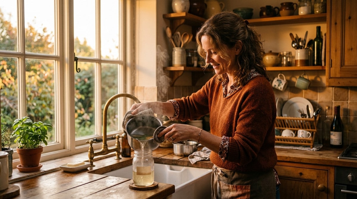 Femme versant l'eau de cuisson des légumes dans un bocal
