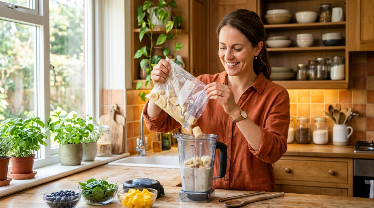 Femme versant purée de banane congelée dans un blender