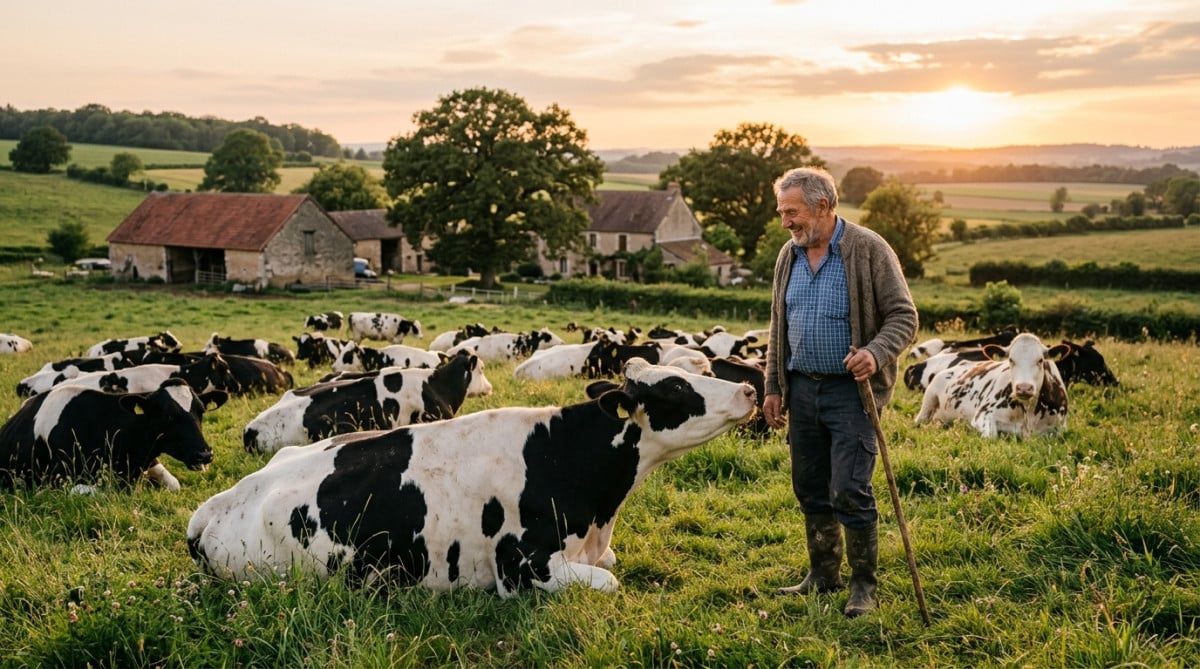 Fermier observant un troupeau de vaches couchées au champ