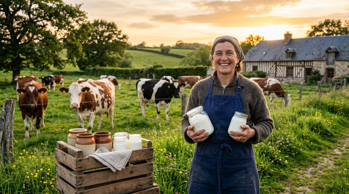 Fermière normande avec fromage blanc artisanal