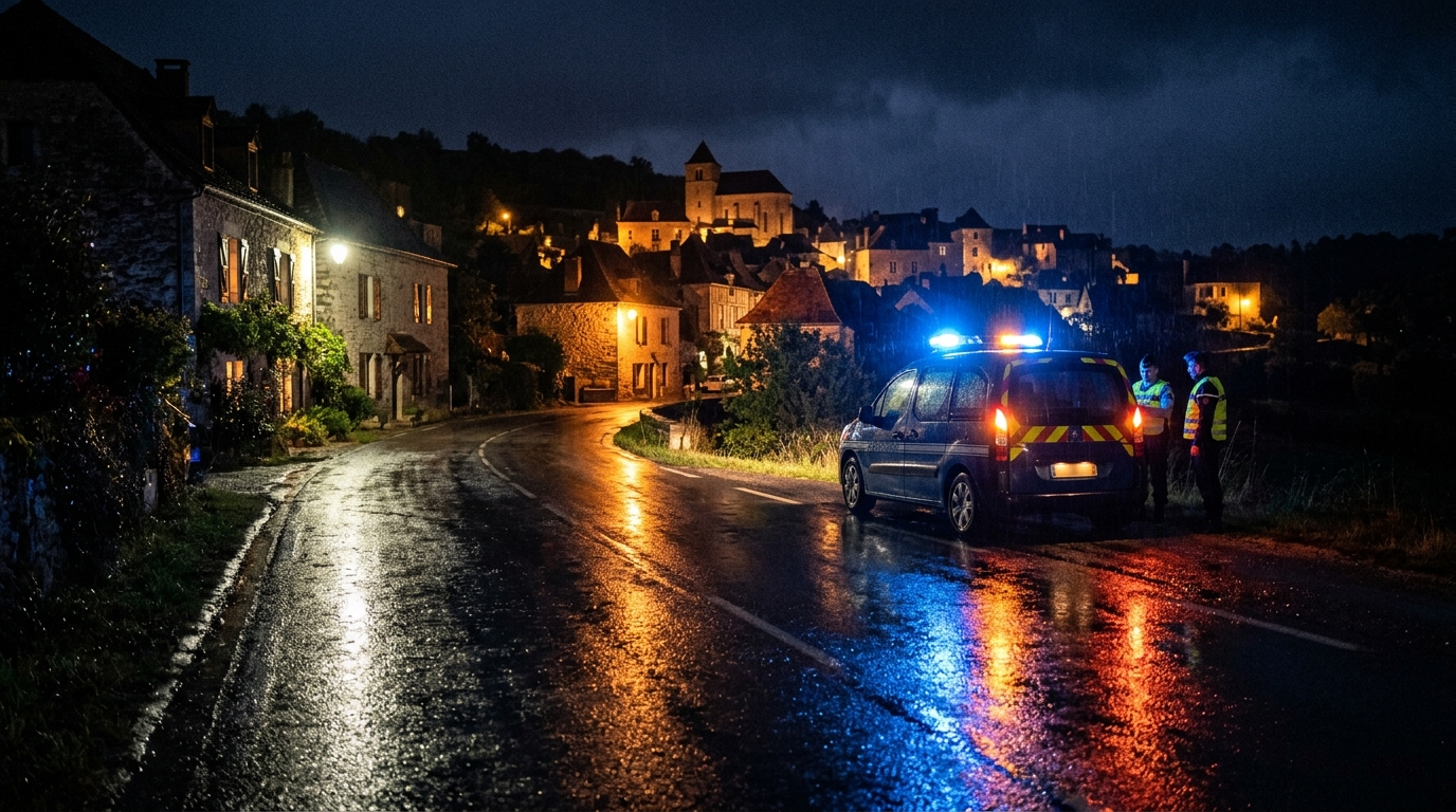Route de campagne la nuit avec gyrophares de gendarmerie