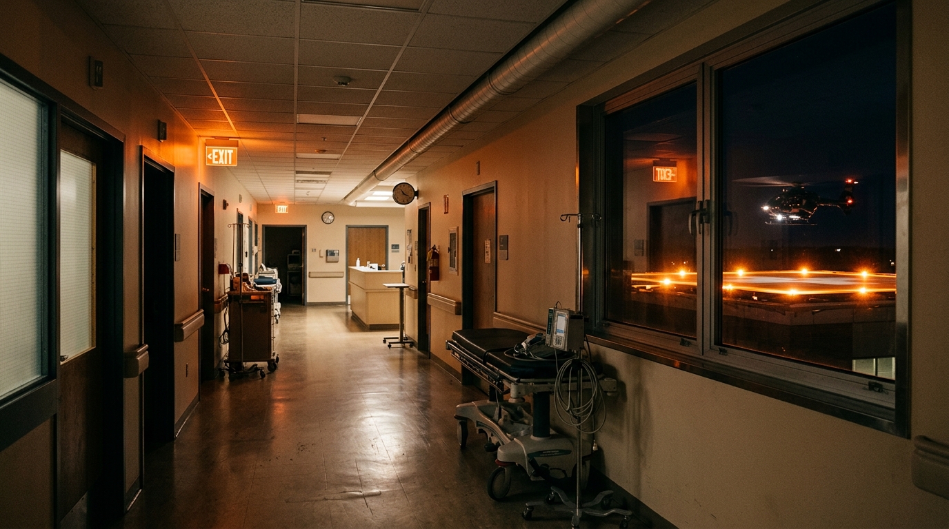 Couloir d'hôpital de nuit avec héliport visible