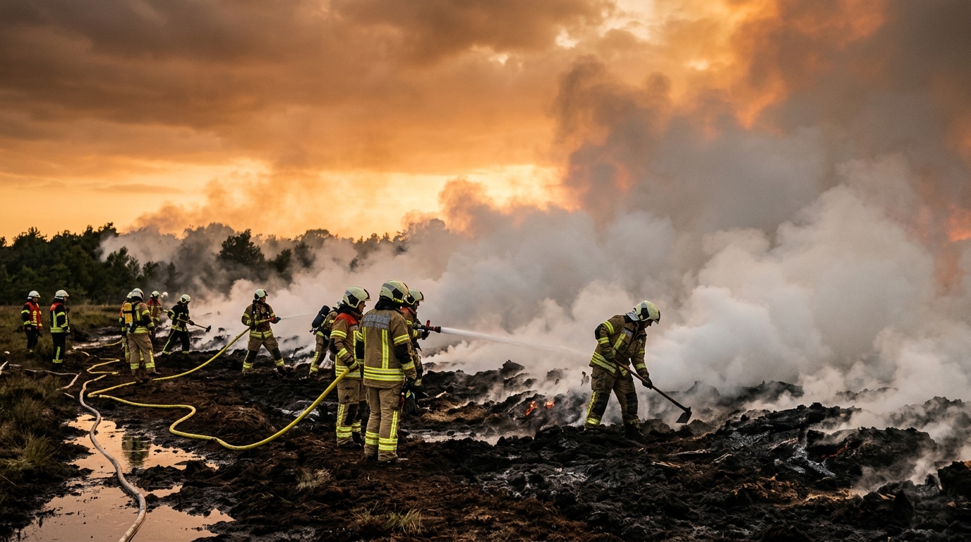 Pompiers luttant contre un feu de tourbière fumant
