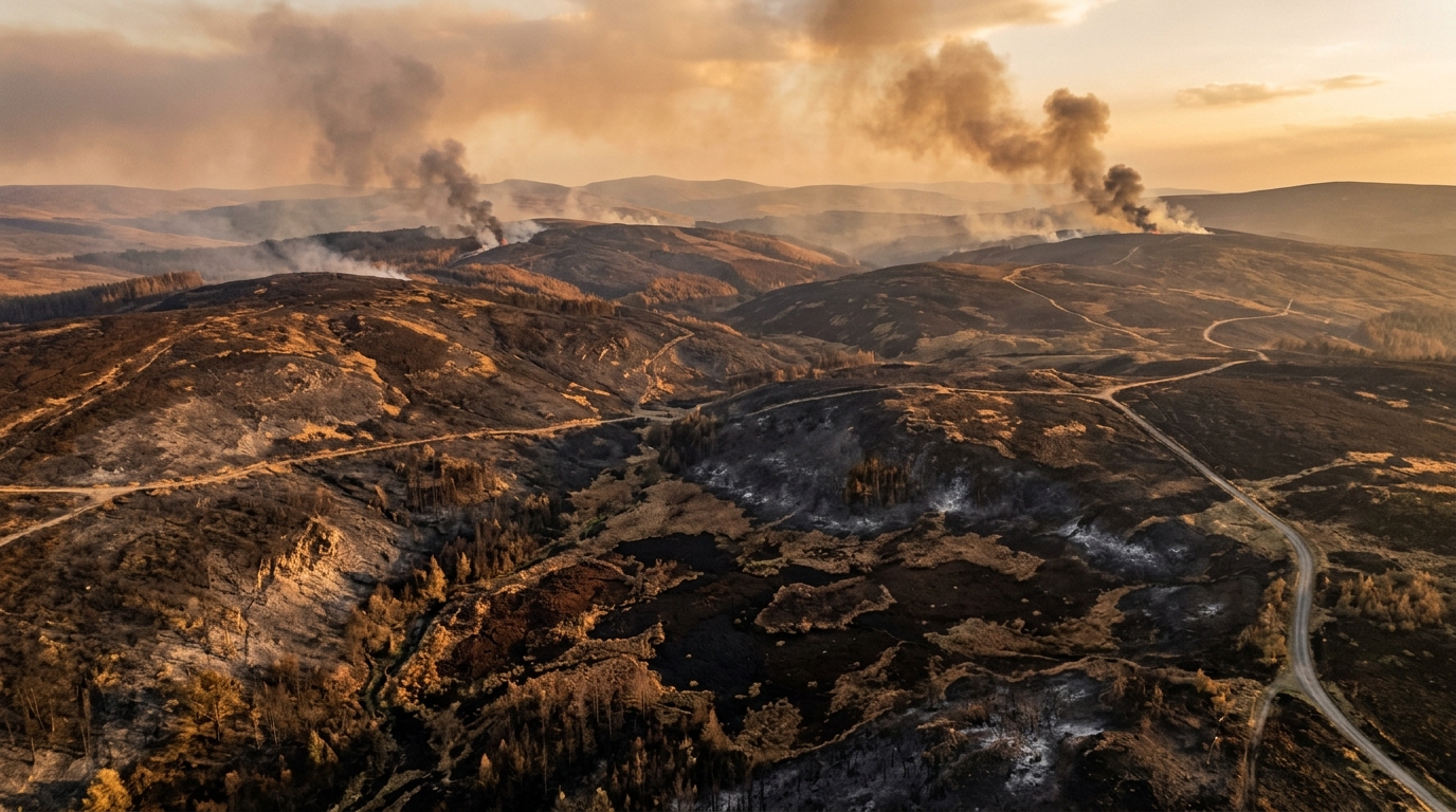 Vue aérienne de la réserve naturelle des Fagnes ravagée par le feu