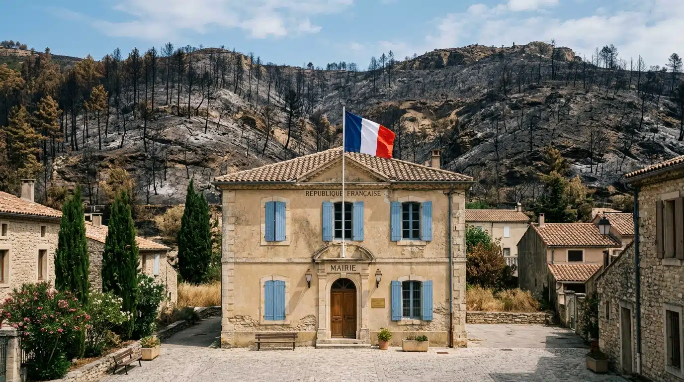 Mairie provençale avec collines brûlées en arrière-plan