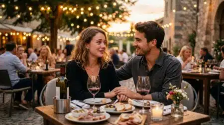 Couple souriant attablé en terrasse au coucher du soleil