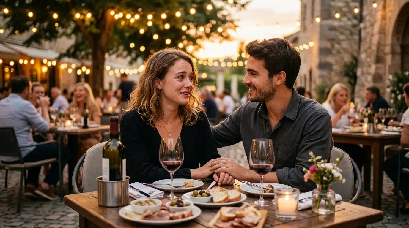 Couple souriant attablé en terrasse au coucher du soleil