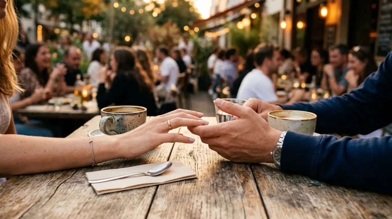 Mains rapprochées sur une table de café en soirée