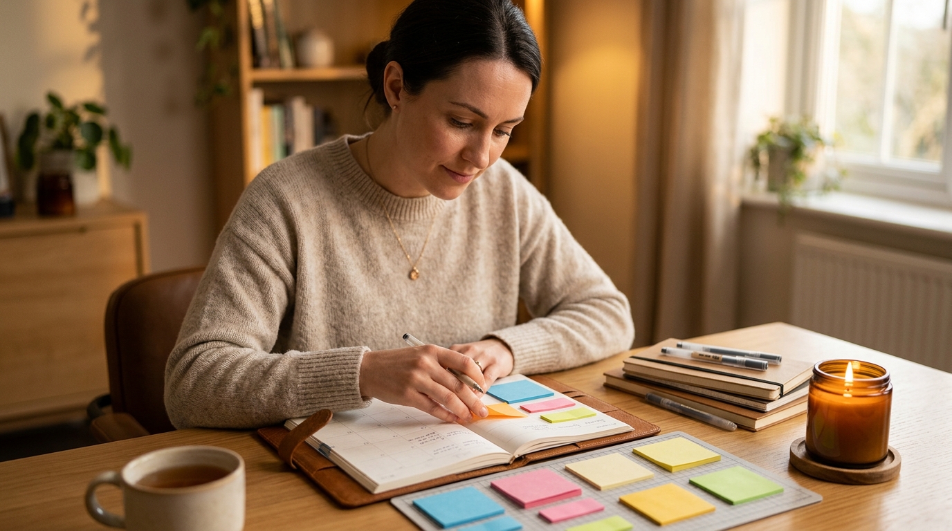 Femme organisée avec planning illustrant le perfectionnisme de la Vierge