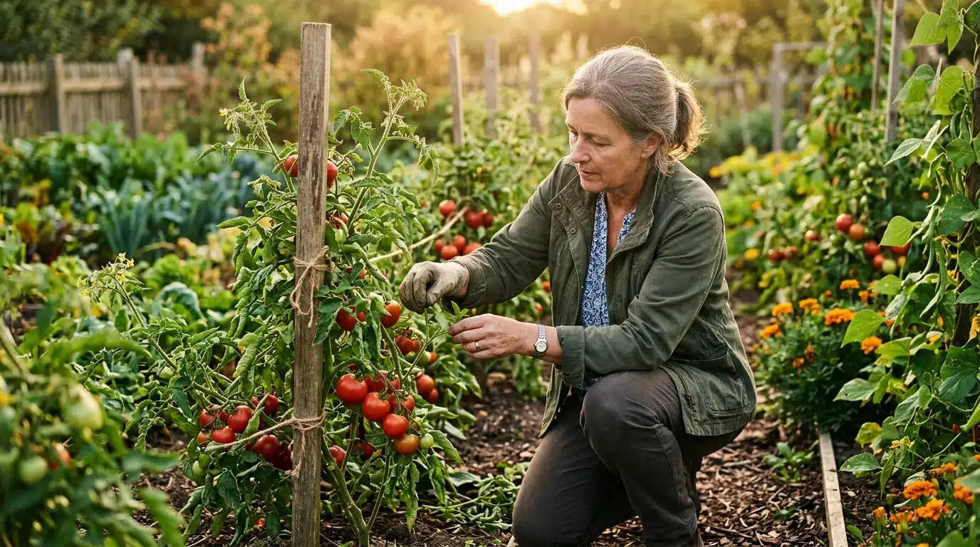 Femme retirant les gourmands d'un plant de tomate