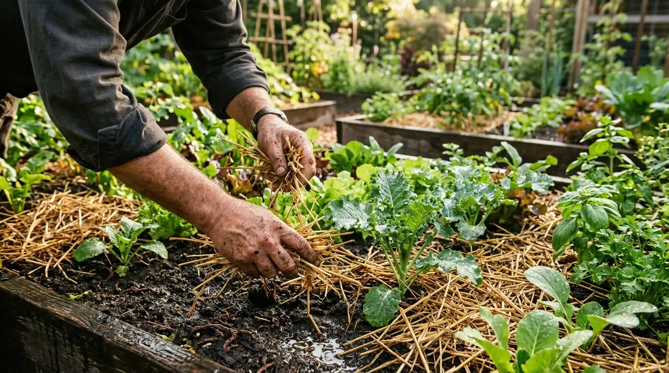 Mains étalant du paillis de paille sur potager humide