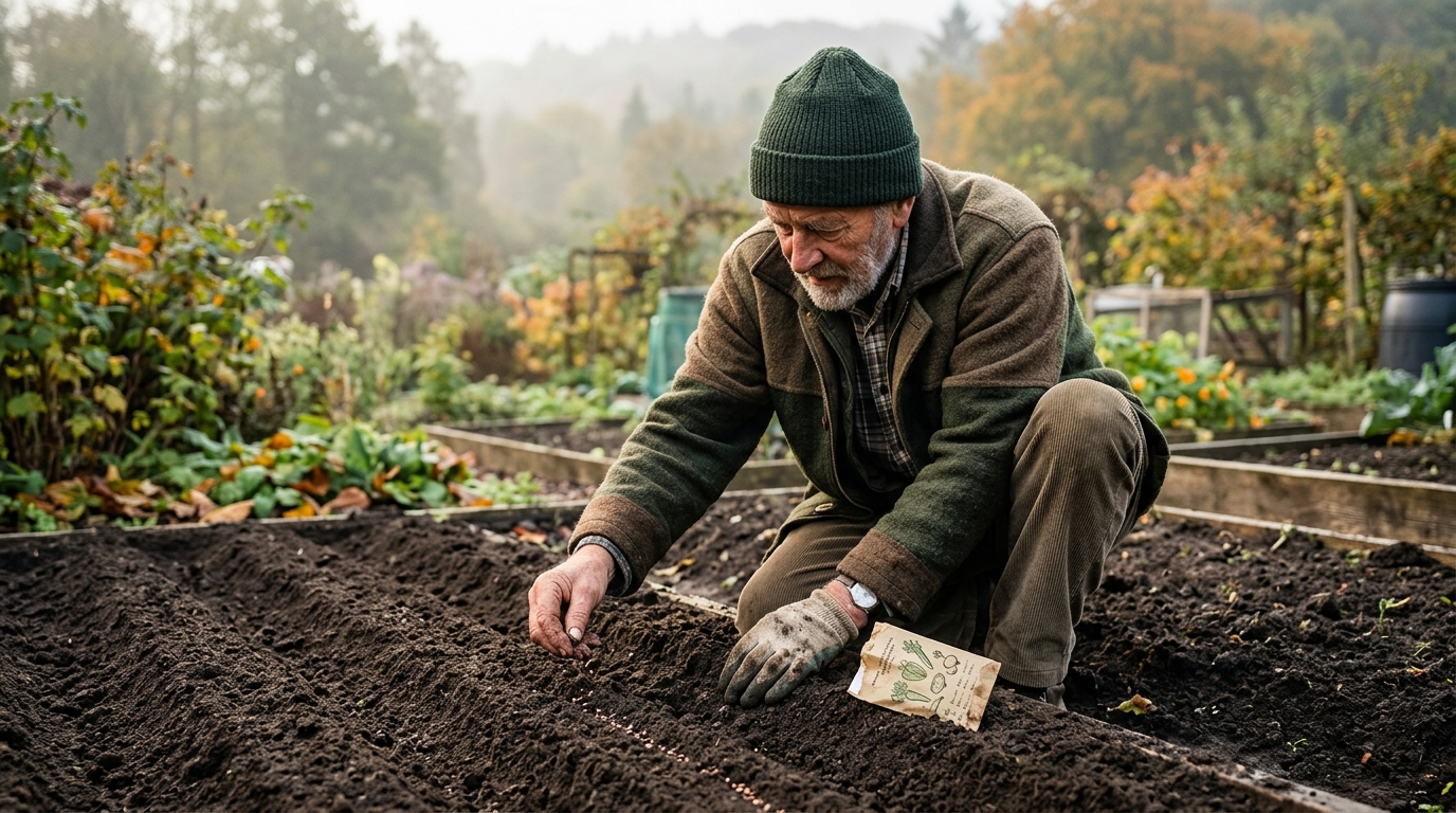 Homme semant de la mâche en fin d'été