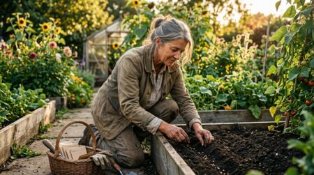 Jardinier semant des graines dans un potager fin août
