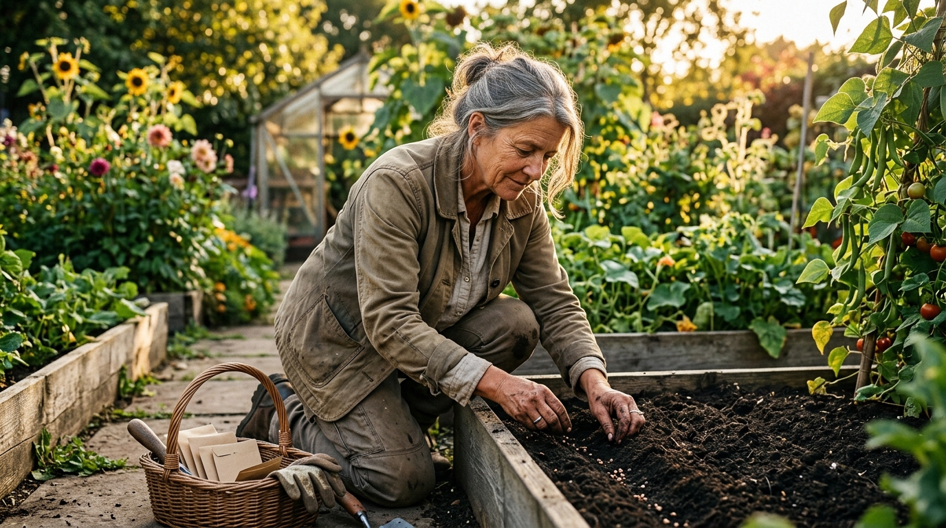 Jardinier semant des graines dans un potager fin août