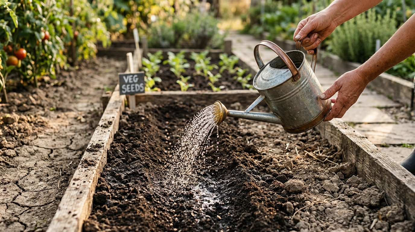 Arrosage délicat d'un semis de légumes après la canicule