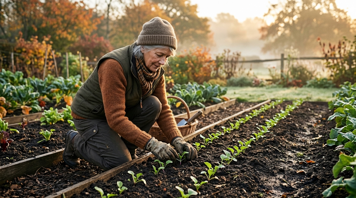 Jeunes pousses de radis et navet d'automne au potager