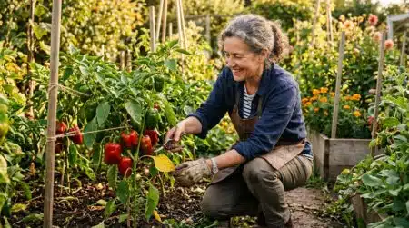 Jardinier taillant les feuilles basses d'un pied de poivron