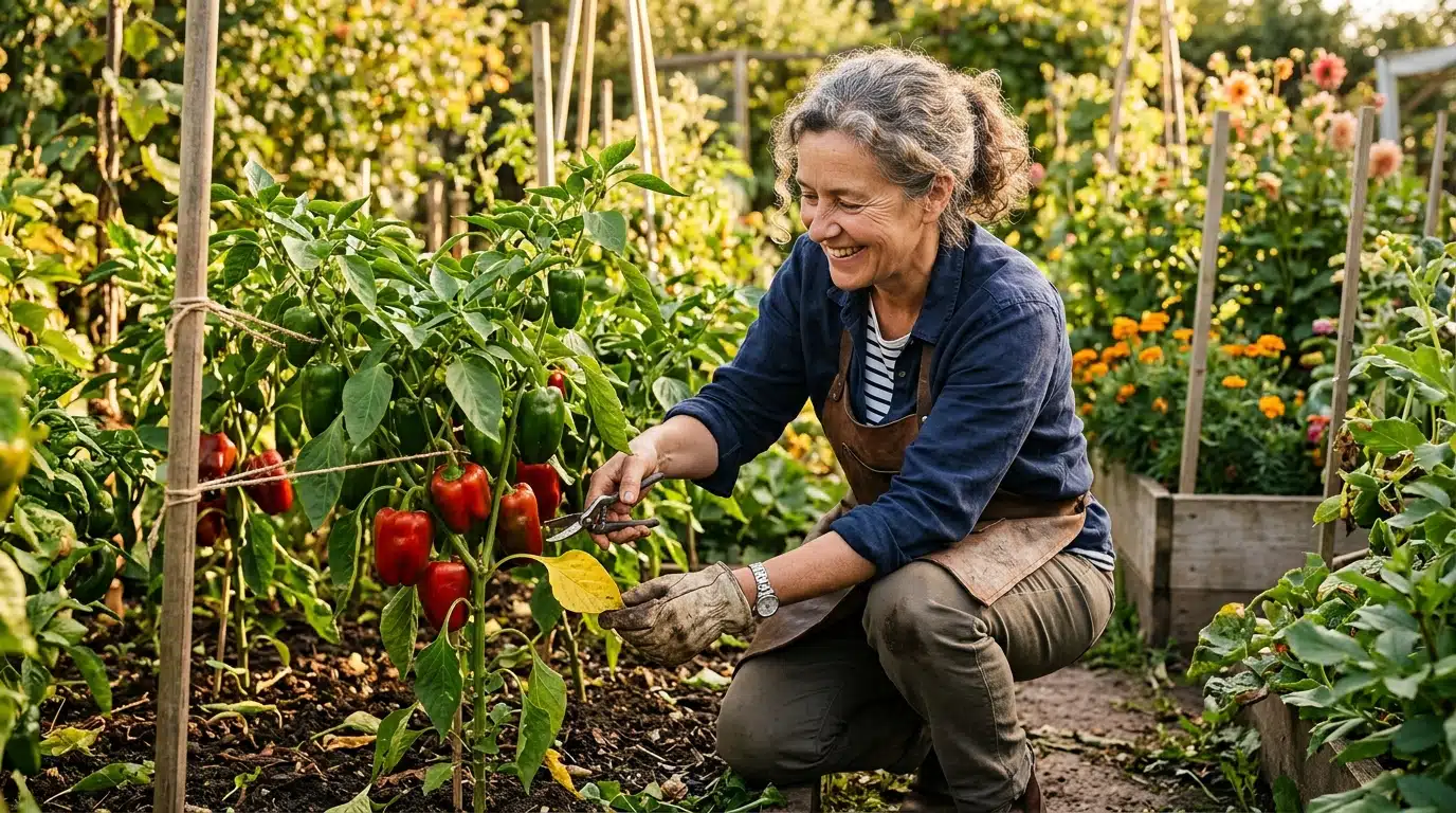 Jardinier taillant les feuilles basses d'un pied de poivron