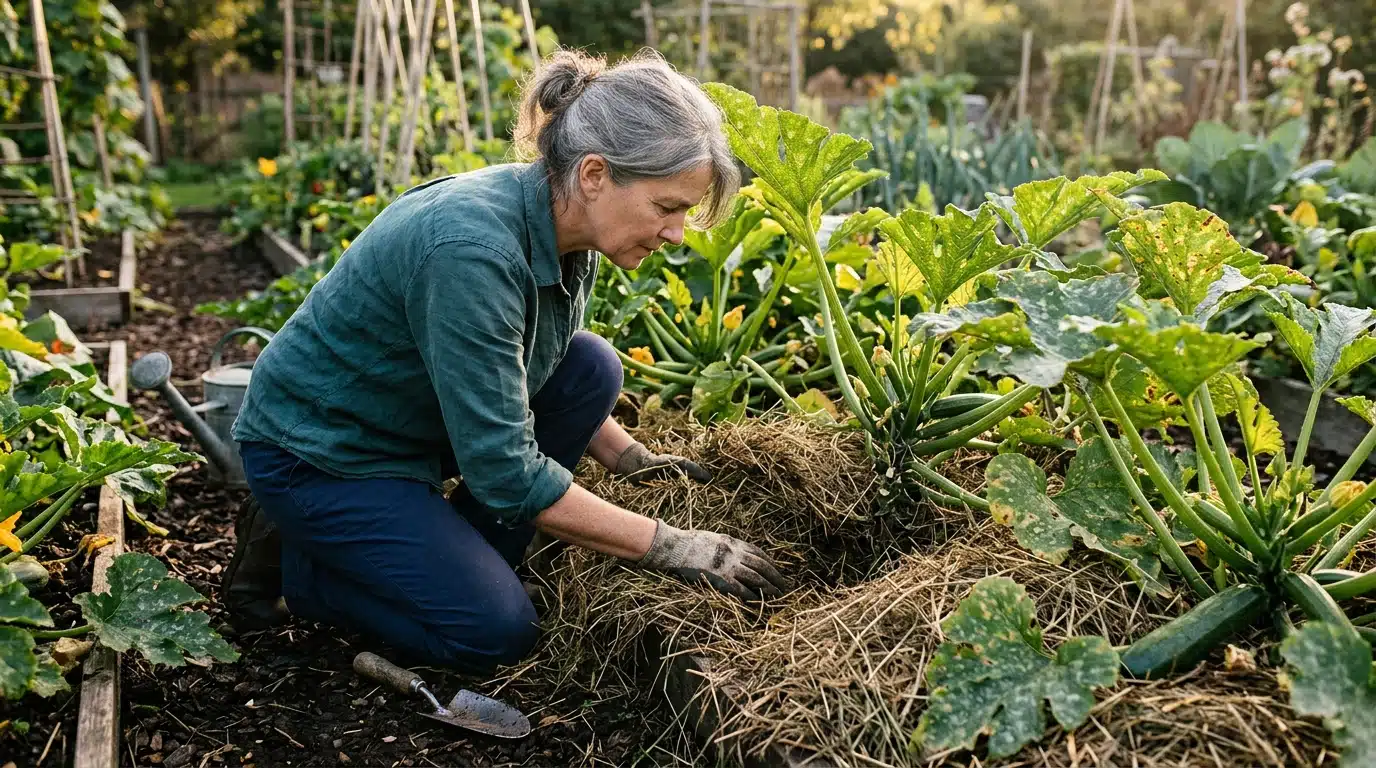 Femme paillant des pieds de courgettes au potager