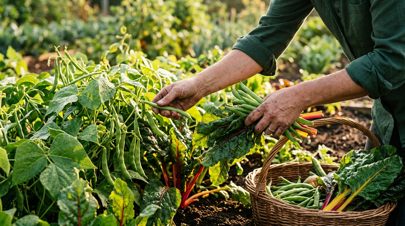 Récolte de haricots verts et blettes en fin de saison