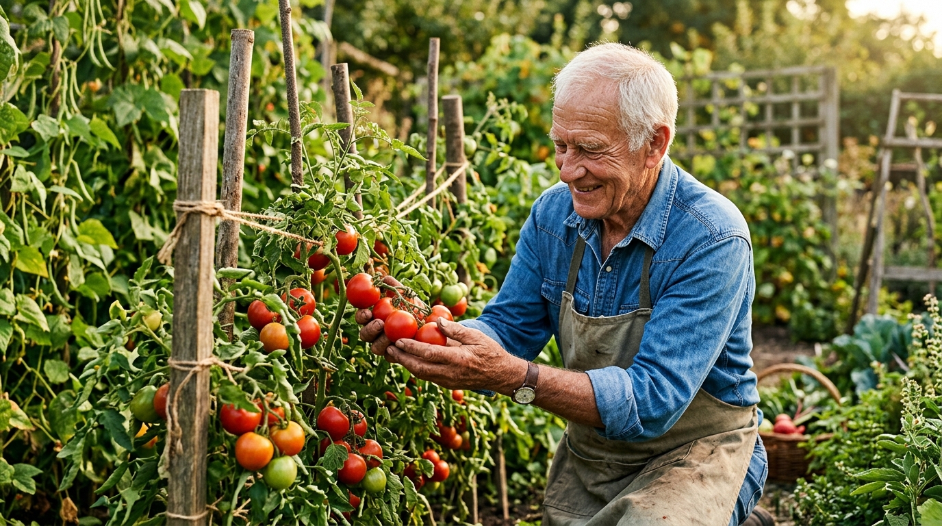 Jardinier examine des tomates mûres encore sur pied