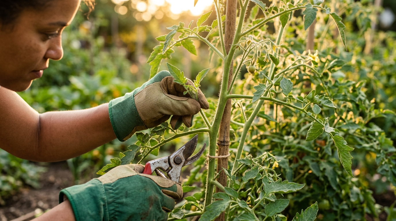 Mains coupant un gourmand sur un pied de tomate