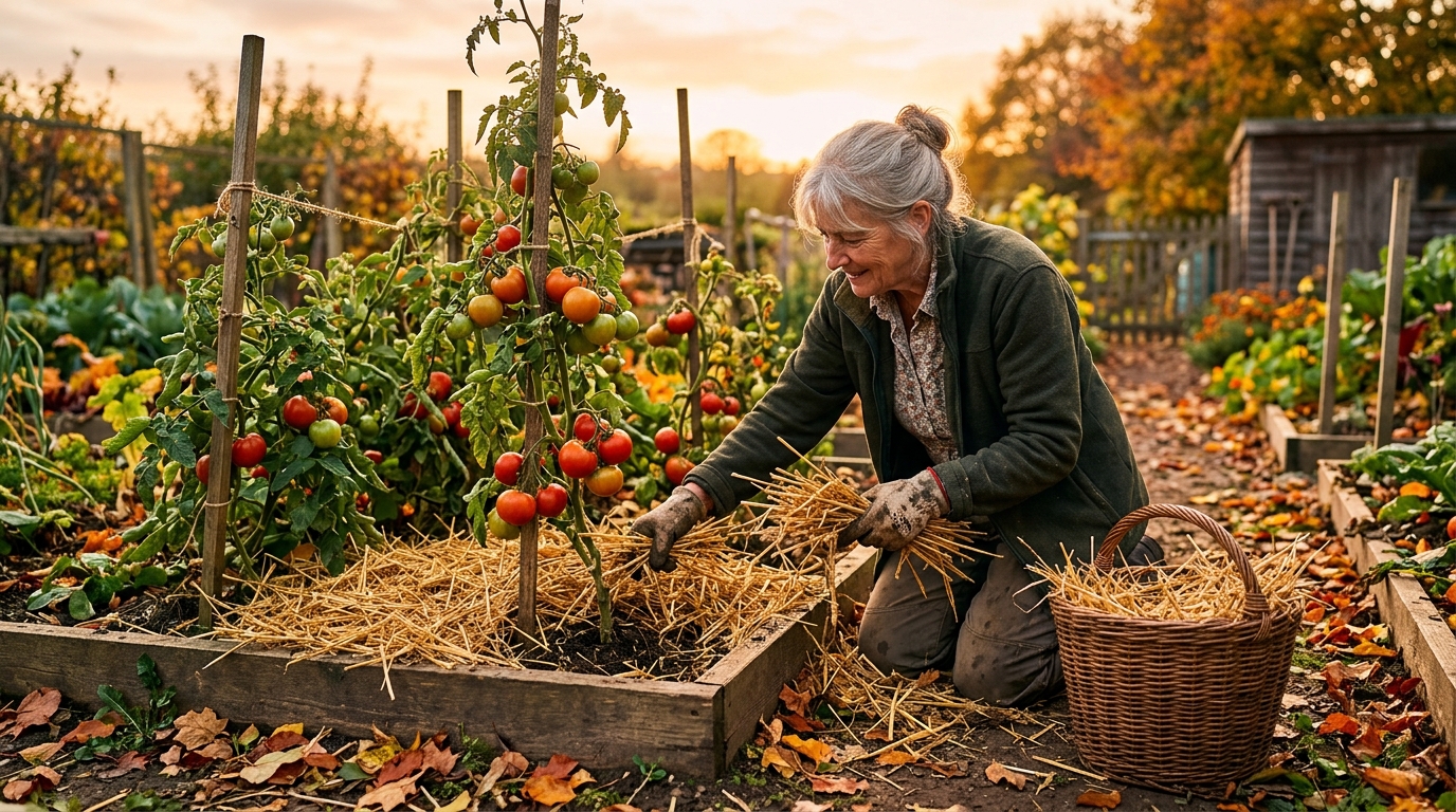 Paillage de paille au pied des plants de tomates