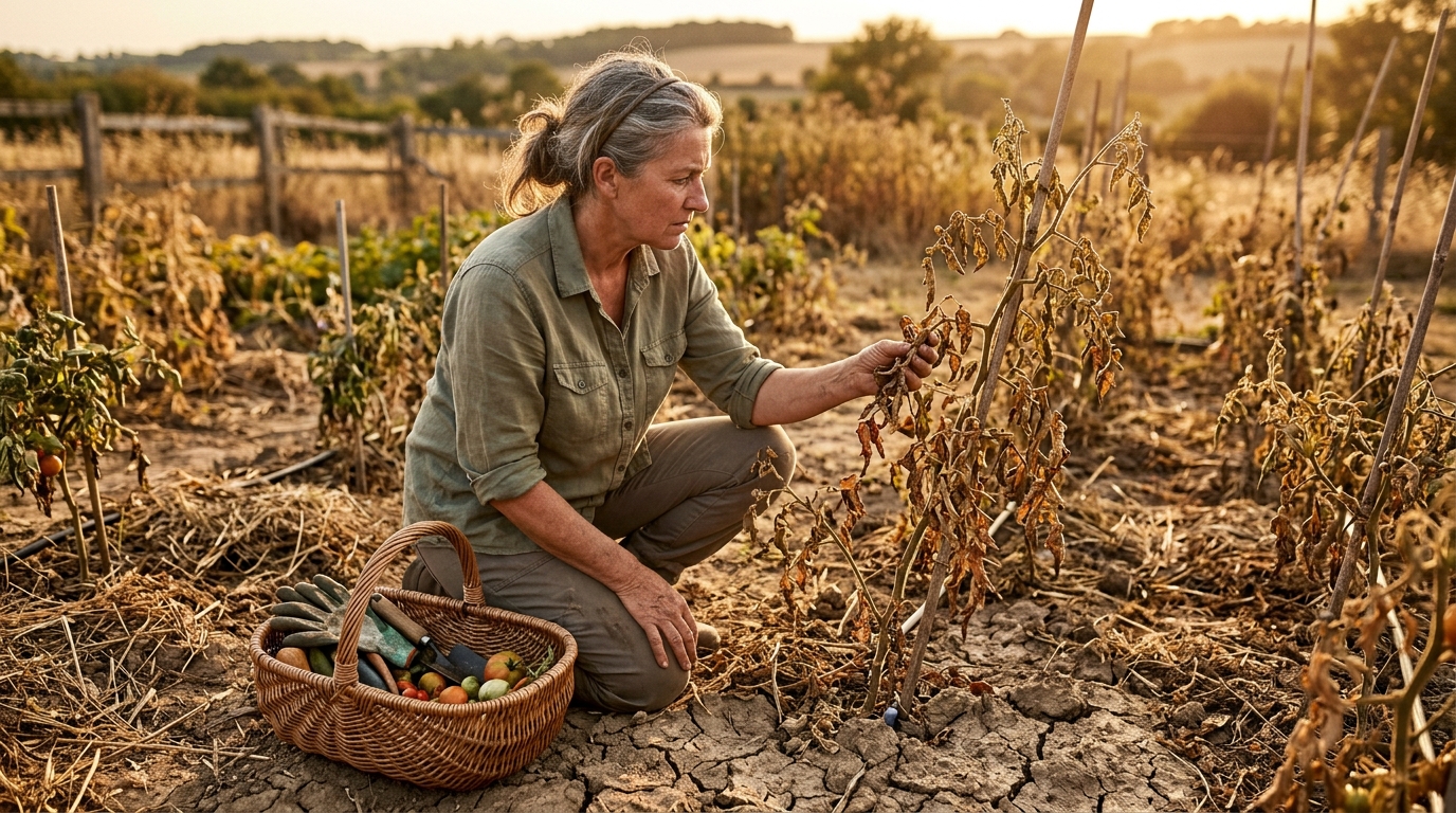 Jardinière examinant des plants fatigués par la canicule