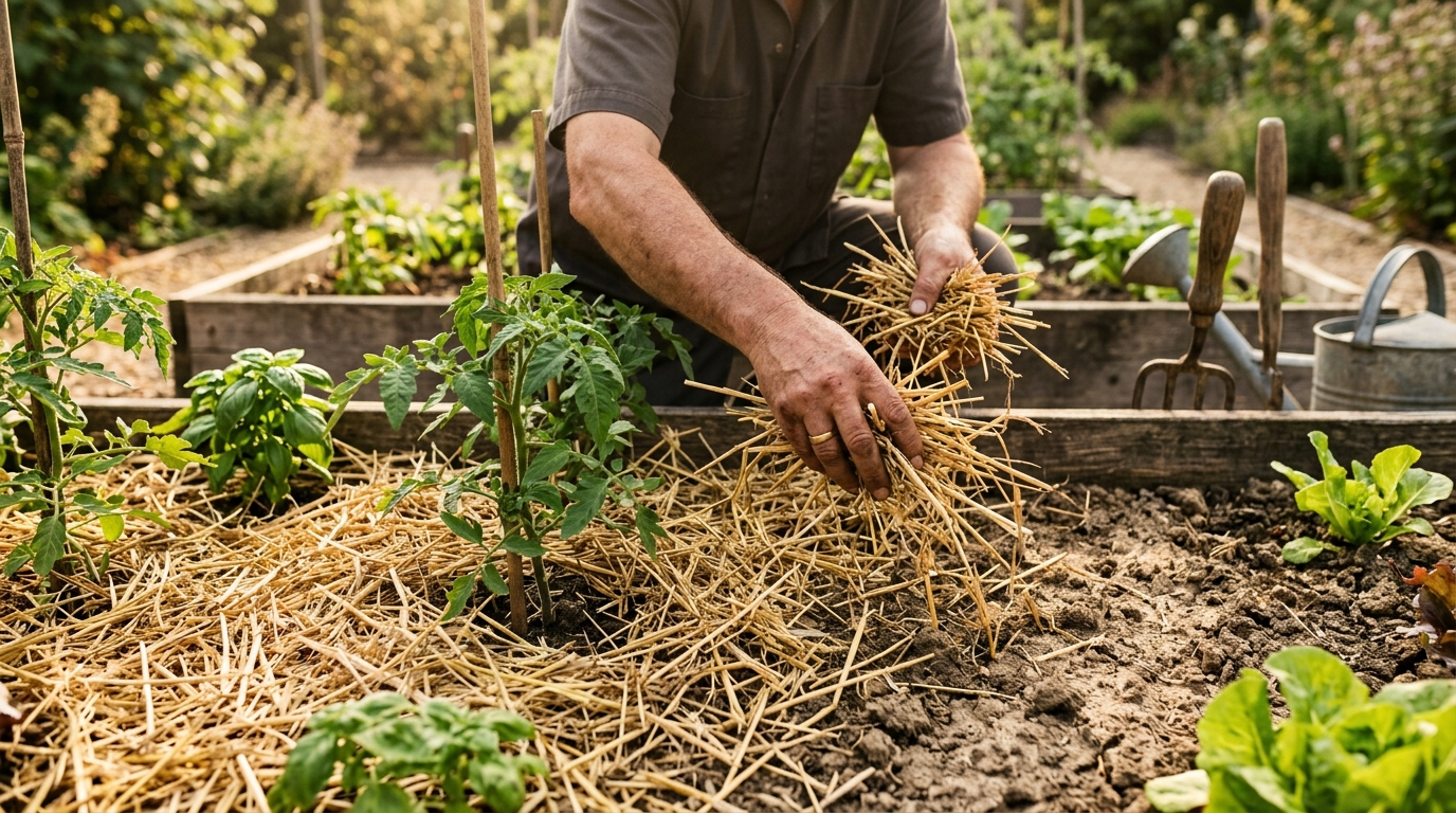 Paillage de paille posé sur un potager en fin d'été