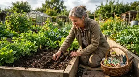 Jardinier semant des graines dans le potager fin août
