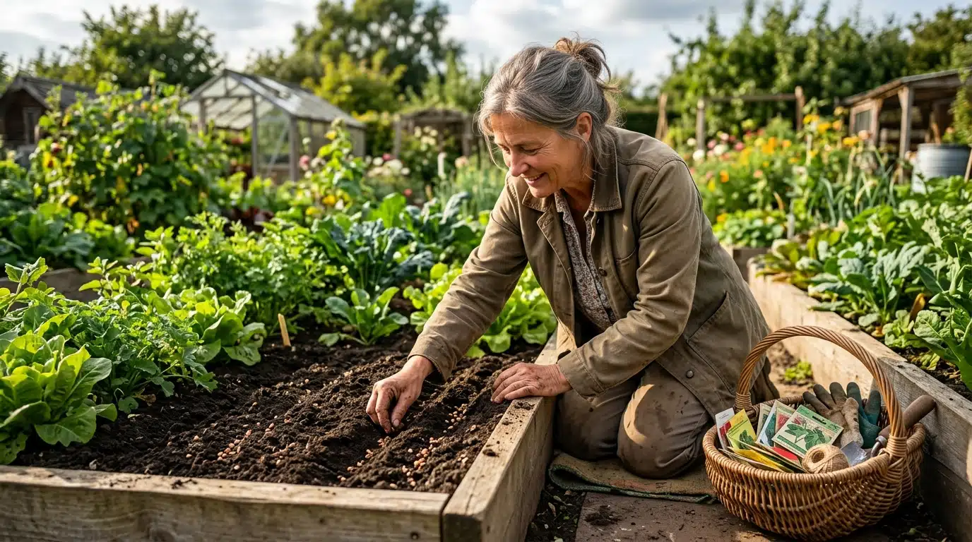 Jardinier semant des graines dans le potager fin août